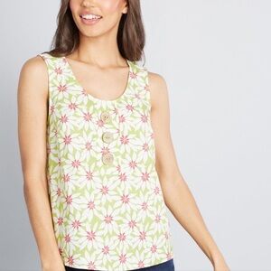 ModCloth Green Floral Sleeveless Scoop Neck Linen Blend Tank Top Size XXSmall